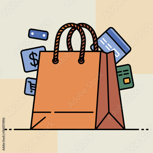 Shopping Bag with Payment Cards and Currency.