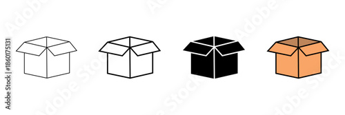 Set of minimalist open box icons with transparent background, depicting cardboard packaging symbols for delivery services, e-commerce platforms, and storage solutions, vector illustration