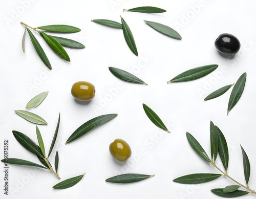 Olives & leaves scattered on a white surface, creating a simple pattern