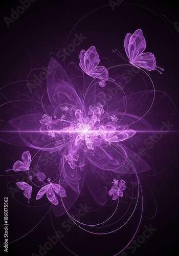 Vibrant abstract background featuring ethereal purple butterflies and swirling floral shapes creating a beautiful and dreamy texture ,wing, fantasy, botanical