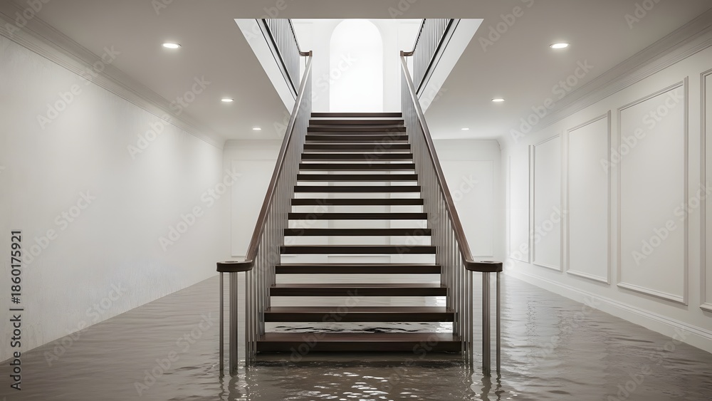 Fototapeta premium Flooded interior hallway with dark wood staircase and white walls water