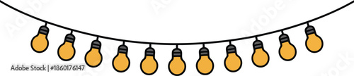A cartoon illustration shows a string of many glowing yellow light bulbs hanging on a wire