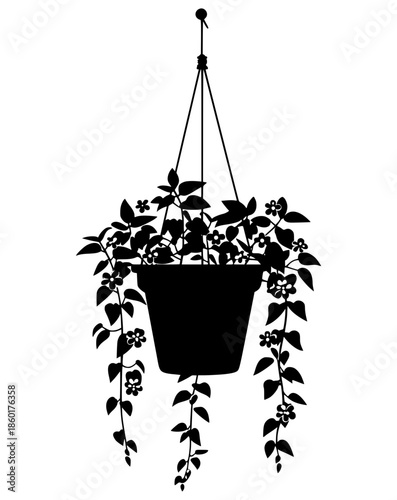 Elegant black silhouette of a trailing hanging plant with small flowers in a pot. Clean botanical graphic for home decor, gardening, and interior design themes.