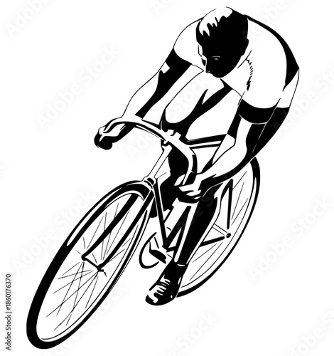 High-contrast black silhouette of a professional cyclist in a dynamic racing posture. Sharp athletic graphic representing speed, endurance, and competitive road biking.