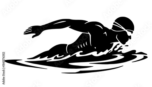 Powerful black silhouette of a male swimmer performing a dynamic butterfly stroke through water. Athletic graphic representing speed, endurance, and competitive swimming sports.