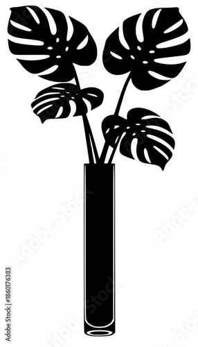 Minimalist black silhouette of lush Monstera deliciosa leaves arranged in a sleek, tall cylinder vase. Modern botanical graphic ideal for interior design, home decor, and tropical plant themes.