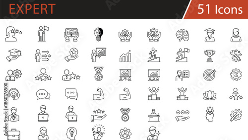 Professional development, success, and achievement icons set featuring leadership, growth, learning, awards, teamwork, and innovation for corporate training, HR materials, motivational content
