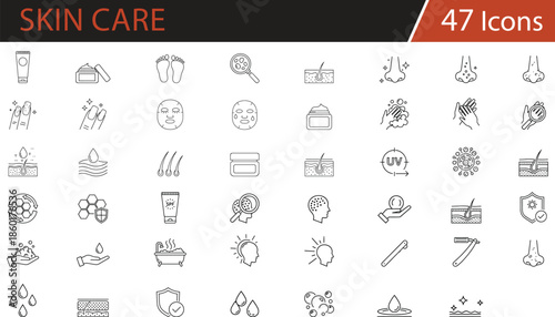 Skin care, beauty, and hygiene icons set featuring face masks, lotions, cleansing, UV protection, and skincare routines for cosmetic brands, spa services, dermatology, and personal care product 