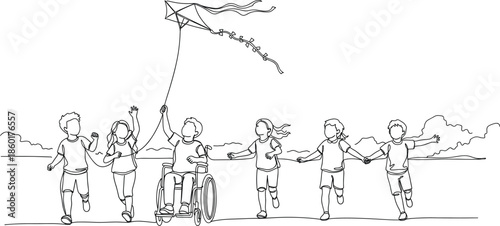 Joyful Inclusive Playtime. Children of All Abilities Flying Kites and Running Together in a Sunny Park with Nature Background