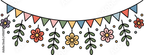 A cheerful party banner features various colorful flags and stylized flowers with elegant green leaves on white