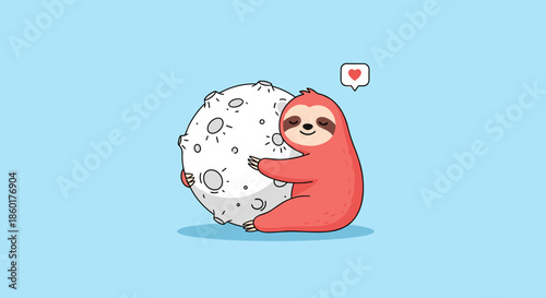 Cute cartoon sloth hugging the moon with a small heart in a speech bubble against a calm blue background for kids decor.