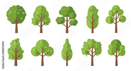 Collection of flat design green tree icons in various shapes for landscape environment and nature themed graphic projects.