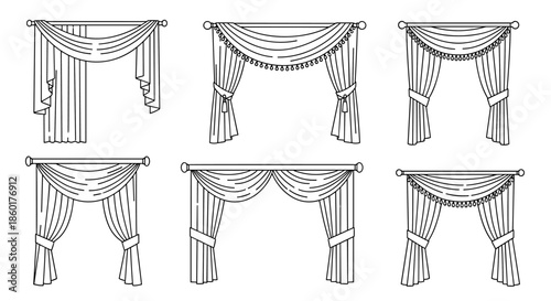 Set of various window curtain and drapery designs in black and white line art sketches for interior decor and home styling.