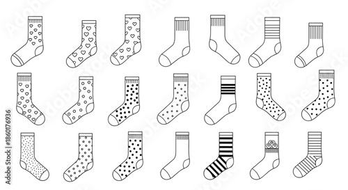 Collection of various sock outline drawings with different patterns like hearts dots and stripes for fashion and laundry icons.