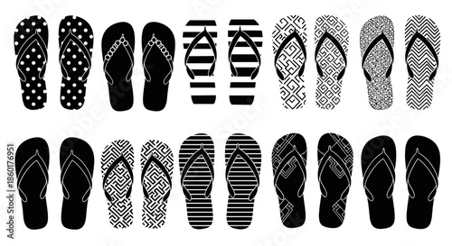 Collection of flip flop sandal silhouettes with various black and white patterns including dots stripes and geometric designs.