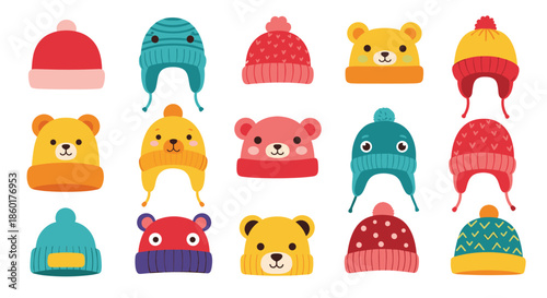Large set of adorable children winter hats featuring various animal ears and faces in bright colors on a white background.