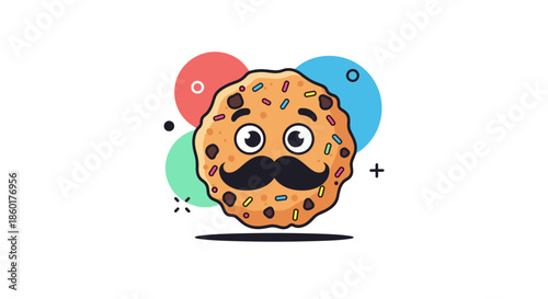 Cute chocolate chip cookie character with a thick black mustache and sprinkles poses against a colorful abstract background.