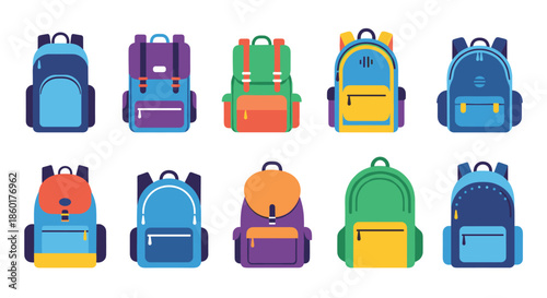 Diverse collection of colorful school backpacks and travel rucksacks with different styles and designs for kids and adults.