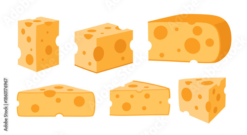 Assorted pieces of yellow Swiss cheese with holes including wedges blocks and a large wheel segment shown in a flat style.