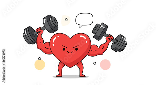 Strong heart character with muscular arms lifting heavy grey dumbbells to promote health fitness and cardiovascular exercise.