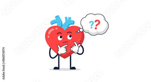 Personified red heart character looks confused and thinks while holding a speech bubble with colorful question marks inside.