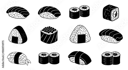 Detailed set of black and white sushi and onigiri illustrations featuring nigiri maki and sashimi in a clean graphic style.