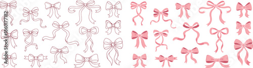 Pink ribbon and bow set, hand drawn decorative gift knot collection, cute hair accessory, outline and fill style, cad drawing flat vector illustration
