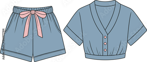 Blue Loungewear Set Illustration Featuring Cropped V-Neck Button Top and High Waisted Shorts with Pink Bow Detail for Fashion Design