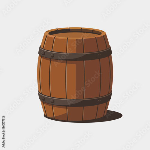 A wooden barrel with metal bands around it, isolated on a white background.