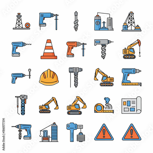 Construction tools and equipment icons set vector illustration industrial machinery and safety gear collection
