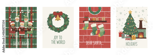 Set of Flat Christmas Greeting Cards with Carolers, Wreath, Stockings, and Festive Tree.