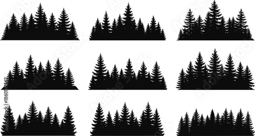 Forest silhouette vector set, pine tree horizon collection, evergreen woods black outline, fir landscape background,