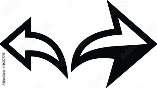 Black curved directional arrow icons isolated on white background, navigation and wayfinding symbols, modern minimal road travel graphic illustration