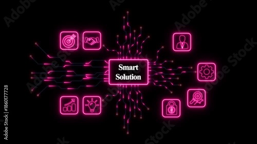 Neon Smart Solution Circuit Board with Icons glowing– Futuristic Digital Technology and Network Concept