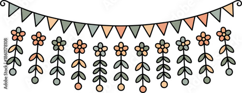 A delightful row of pastel colored flags hangs above an arrangement of repeating flowers and leaves on white