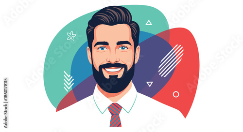 Smiling man with a neatly trimmed beard and blue eyes is wearing a professional white shirt and tie against an abstract background.