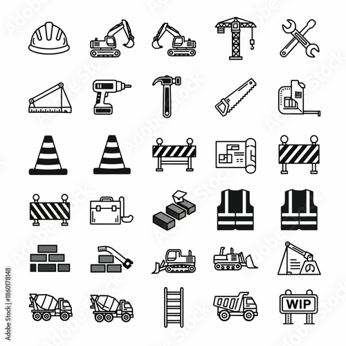 Construction Site Equipment Icons Set Safety Hard Hat Excavators Crane Wrench Tools Building Materials and Safety Gear