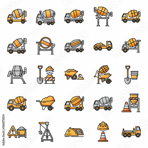 Construction Site Equipment Icons Set Concrete Mixers Trucks Wheelbarrows Shovels and Safety Gear Vector Graphics