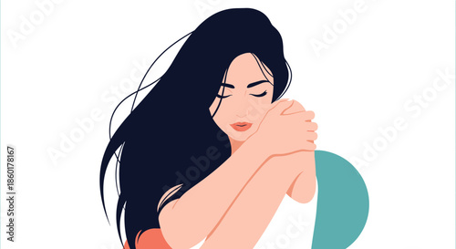 Young woman with long black hair is shown with her eyes closed as she gently embraces herself in a moment of calm self-care.