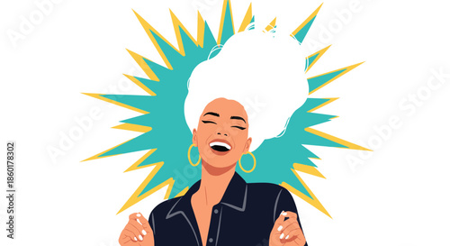 Joyful woman with bright white hair and hoop earrings is laughing heartily against a turquoise starburst pattern and white background.