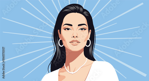 Radiant woman with long dark hair and white hoop earrings is looking forward against a blue background with white light rays.