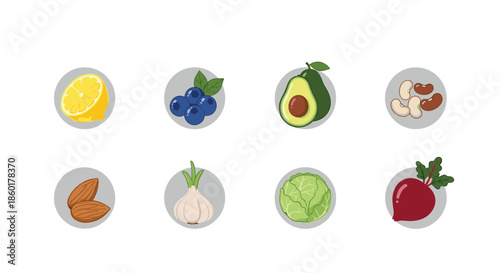 Set of icons depicts various healthy foods like lemon, blueberries, avocado, beans, almonds, garlic, cabbage, and beet in circles.