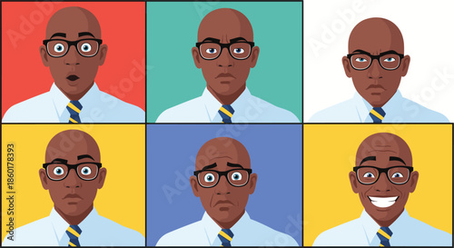 Collection of six portraits shows a man with glasses expressing a variety of emotions from surprise and anger to pure happiness.