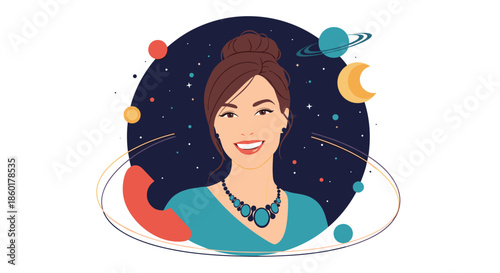 Beautiful woman with brown hair in a bun is depicted against a celestial background filled with colorful planets and shining stars.