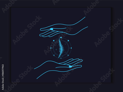 Hands cradling a glowing orb with digital lines on a dark background