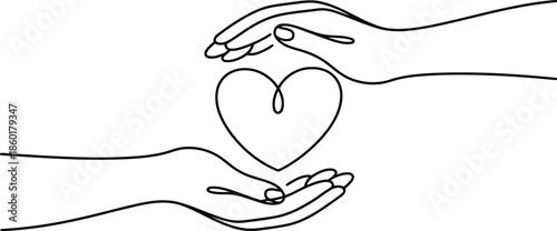 A minimalist single line drawing shows two hands embracing a heart symbolizing care and compassion