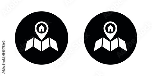 Home Location Map Icon Vector – House Navigation Symbol in Black Circle