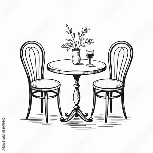 Hand Drawn Bistro Table and Chairs with Wine Glass Vector Illustration