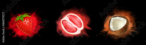 Fruit explosion set with realistic 3d splashes - grapefruit half, strawberry and coconut bursting with energy effects. Dramatic advertising power flying juice particles for product advertising design.
