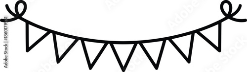 A simple black outline drawing of a celebratory bunting garland with triangular flags